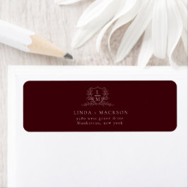 Burgundy & Ivory botanical crest monogram wedding ラベル