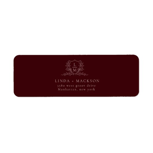 Burgundy & Ivory botanical crest monogram wedding ラベル (正面)