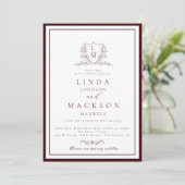 Burgundy & Ivory botanical crest monogram wedding 招待状 (スタンド正面)