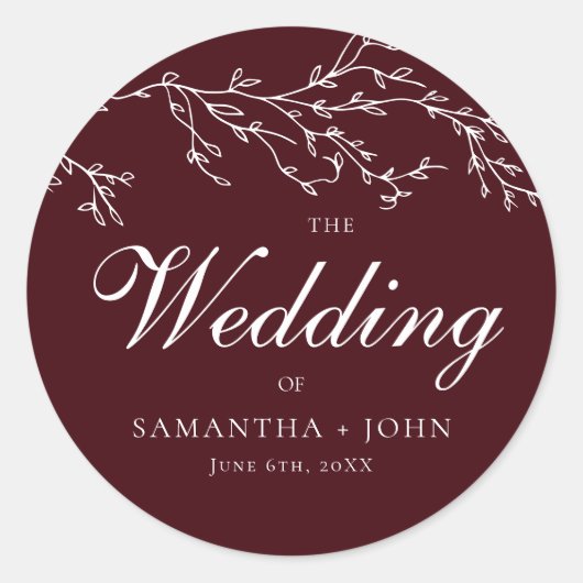Burgundy & Ivory Botanical Elegant Wedding ラウンドシール (正面)