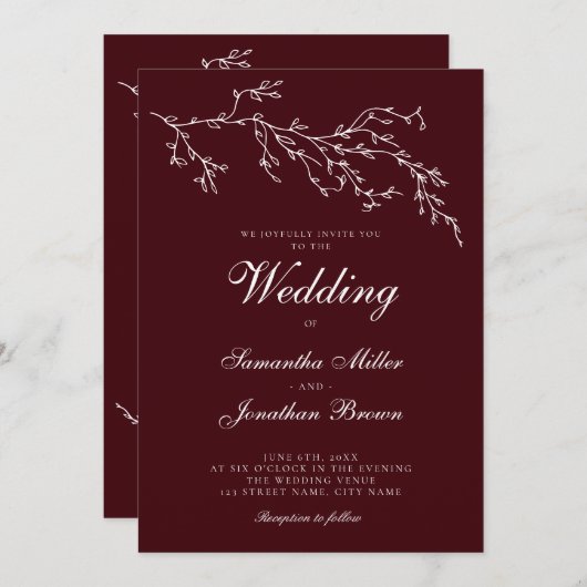Burgundy & Ivory Botanical Elegant Wedding 招待状 (正面/裏面)