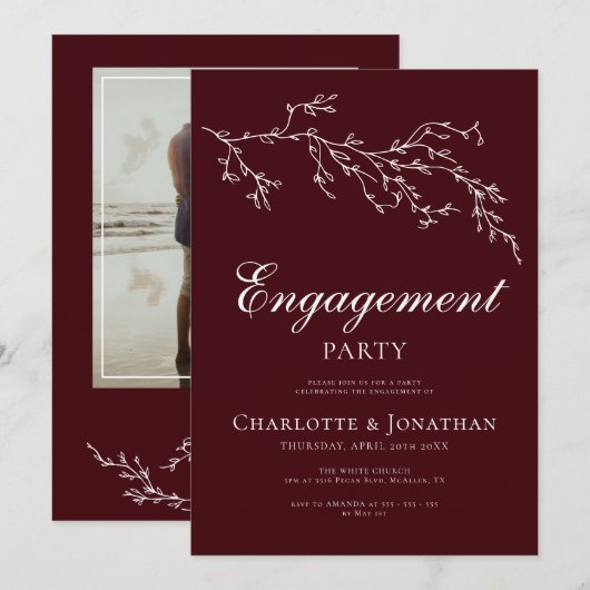 Burgundy & Ivory Botanical Engagement Party 招待状 (正面/裏面)
