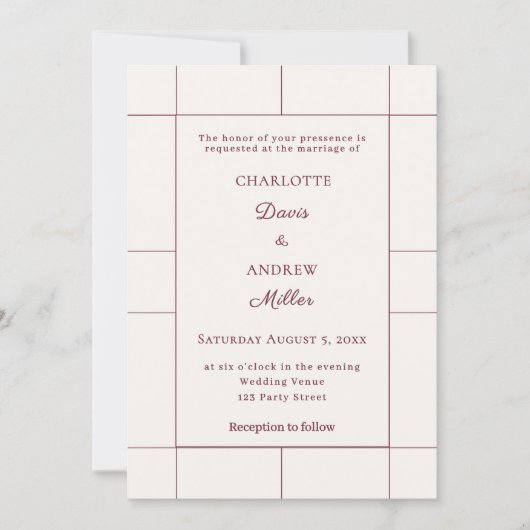 Burgundy ivory checked modern Wedding 招待状 (正面)