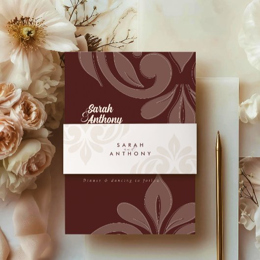 Burgundy Ivory Classic Elegant Script Wedding 招待状ベリーバンド