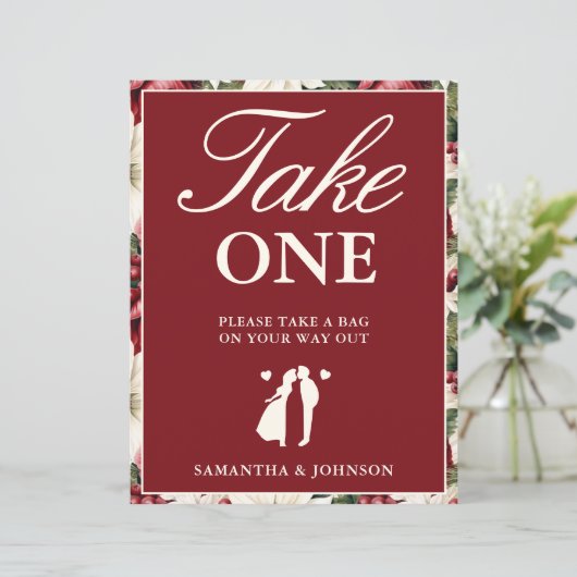 Burgundy Ivory Floral Take One Wedding Favor Sign (スタンド正面)