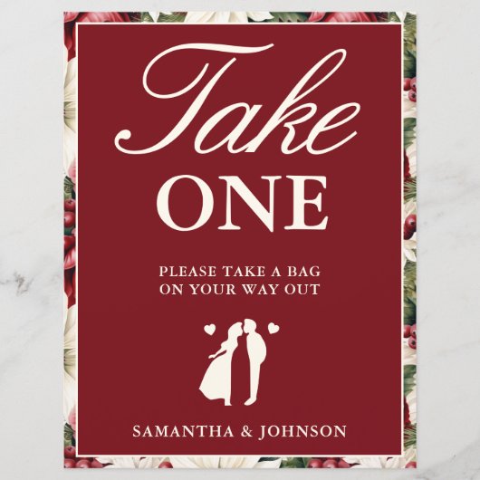 Burgundy Ivory Floral Take One Wedding Favor Sign (正面)