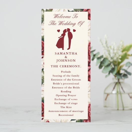 Burgundy Ivory Floral Wedding Ceremony Program (スタンド正面)