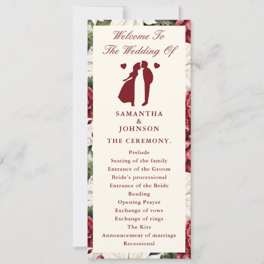Burgundy Ivory Floral Wedding Ceremony Program (正面)