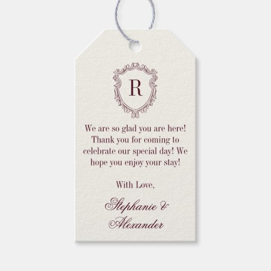 Burgundy Ivory Monogram Crest Old Money Wedding ギフトタグ (正面)