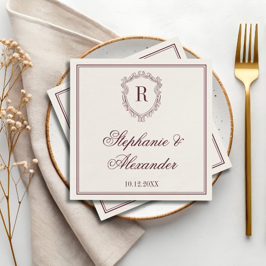 Burgundy & Ivory Monogram Crest Old Money Wedding スタンダードカクテルナプキン