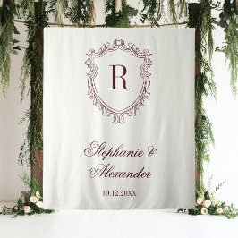 Burgundy & Ivory Monogram Crest Old Money Wedding タペストリー