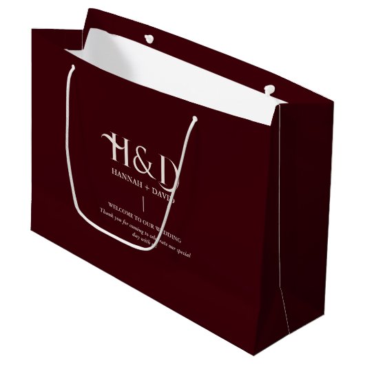 Burgundy & Ivory  Monogram Wedding Welcome Guest  ラージペーパーバッグ (正面アングル)