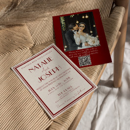 Burgundy Ivory Old Money QR Code Photo Wedding 招待状