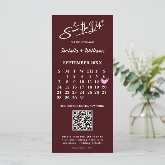 Burgundy & Ivory Photo QR Wedding Save The Date (スタンド正面)