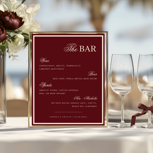 Burgundy & Ivory The Wedding Bar Drink Menu Sign ポスター