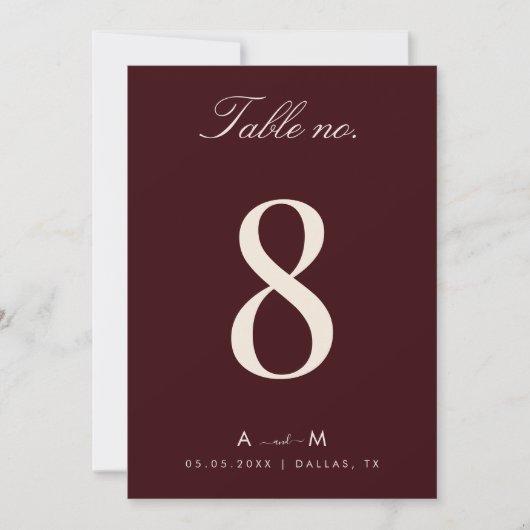 Burgundy & Ivory Wedding 5x7 Table Number Card 招待状 (正面)