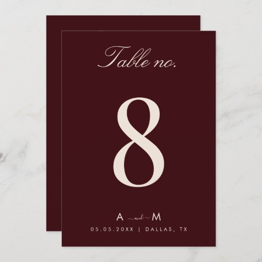 Burgundy & Ivory Wedding 5x7 Table Number Card 招待状 (正面/裏面)