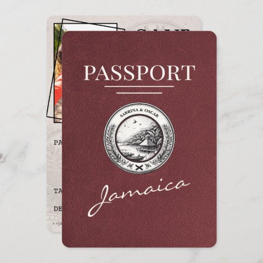 Burgundy Jamaica Passport日付の保存 セーブザデート (正面/裏面)