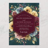 Burgundy Jewel Tone Bloom Wedding 招待状 (正面)