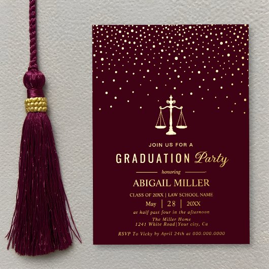 Burgundy Law school Class Of 2026 graduation gold 箔招待状
