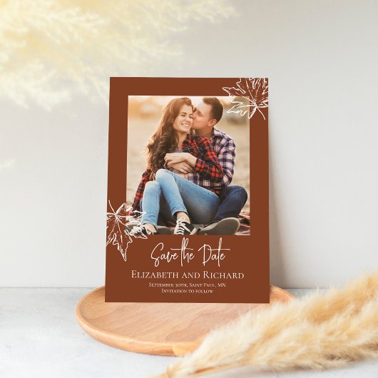 Burgundy Leafスクリプトフォトウェディング日付を保存 セーブザデート