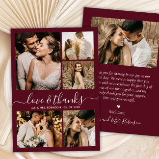 Burgundy Love and Thanks Photo Collage Wedding サンキューカード
