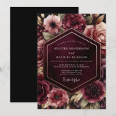 Burgundy Luminous Flora Wedding 招待状 (正面/裏面)