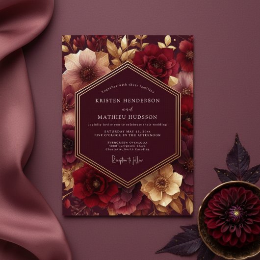 Burgundy Lush Bloom Wedding 招待状