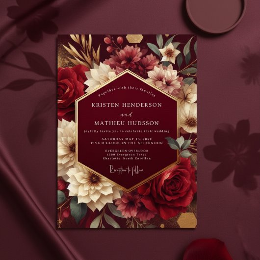 Burgundy Lush Botanical Romance Wedding 招待状