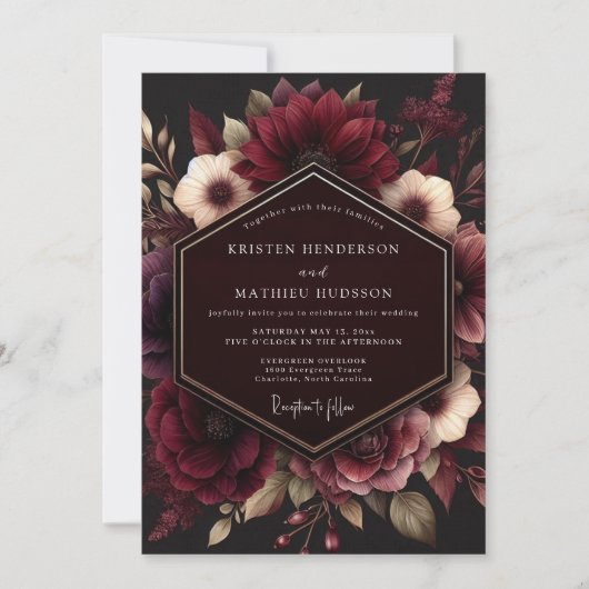 Burgundy Lush Floral Opulence Wedding 招待状 (正面)