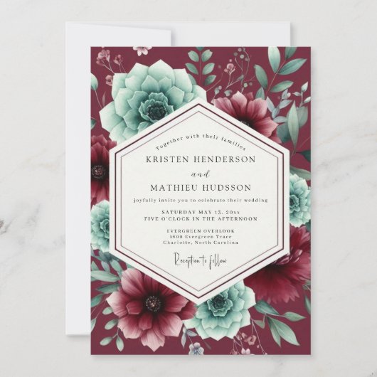 Burgundy Lush Succulent Wedding 招待状 (正面)