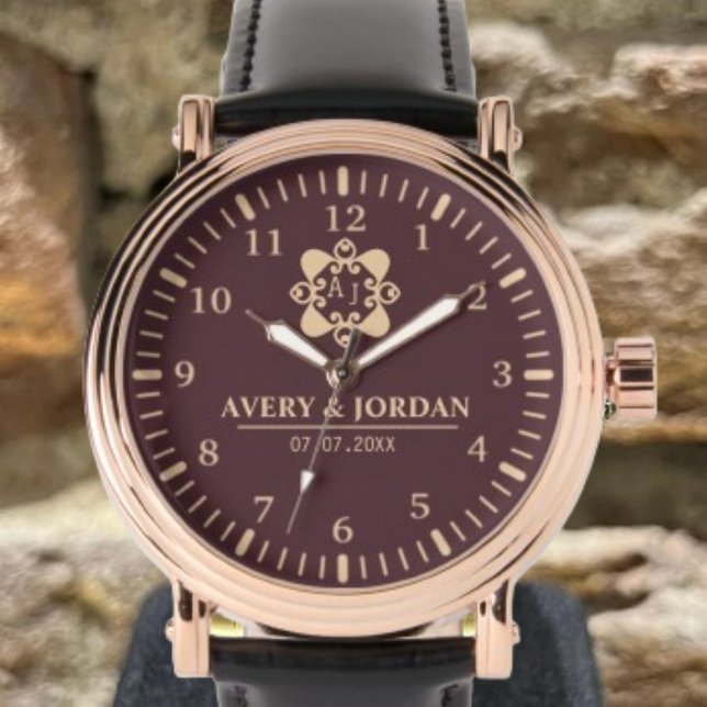 Burgundy luxury elegant couple Monogram  腕時計 (クリエイターアップロード済み)