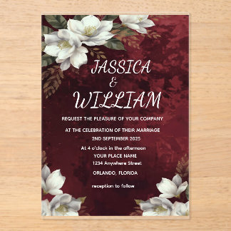 Burgundy & Magnolia Garden Floral Wedding Invitati アクリル招待状