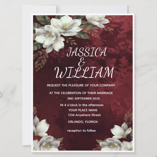 Burgundy & Magnolia Garden Floral Wedding Invitati 招待状 (正面)