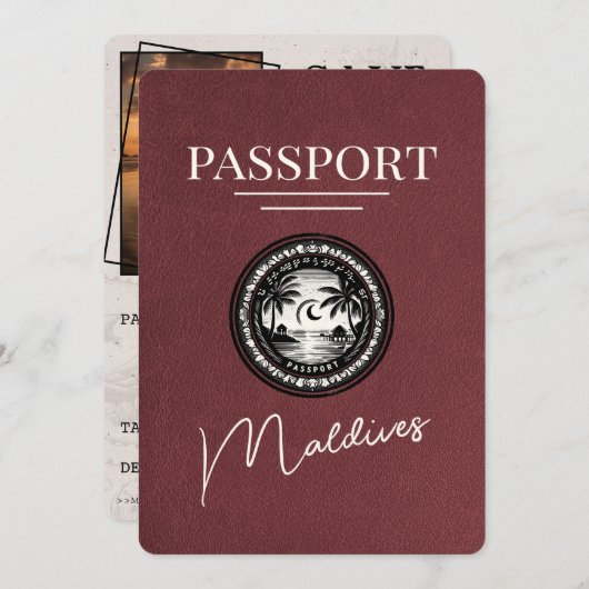 Burgundy Maldives Passport日付の保存 セーブザデート (正面/裏面)