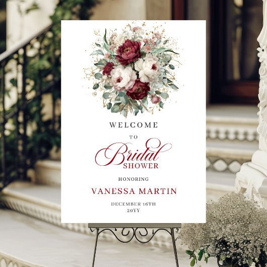 Burgundy Maroon Floral Bridal Shower Welcome ポスター