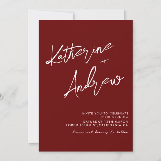 Burgundy Maroon Minimalist Script Fall Wedding 招待状 (正面)