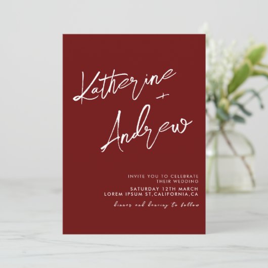 Burgundy Maroon Minimalist Script Fall Wedding 招待状 (スタンド正面)