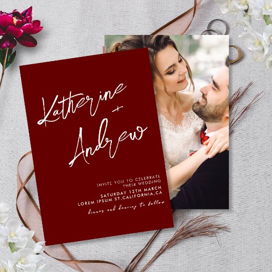 Burgundy Maroon Minimalist Script Fall Wedding  招待状