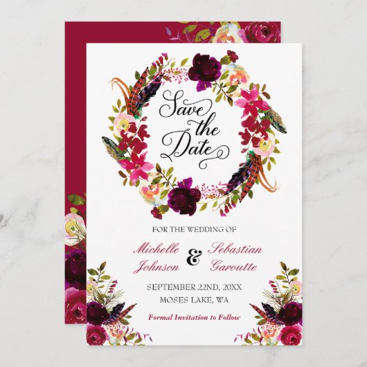 Burgundy Marsalaのフローラ素朴日付を保存 セーブザデート (正面/裏面)