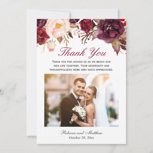 Burgundy Marsalaのフローラ結婚の写真ありがとう サンキューカード (正面)