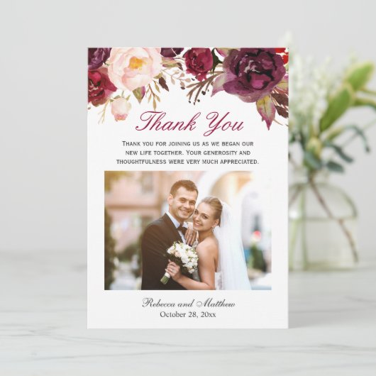 Burgundy Marsalaのフローラ結婚の写真ありがとう サンキューカード (スタンド正面)