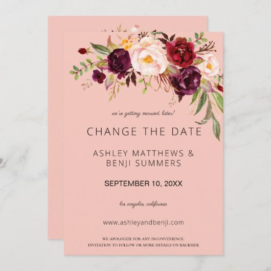 Burgundy Marsalaフローラ日付の変更 – ピンク2 招待状 (正面/裏面)
