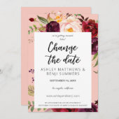 Burgundy Marsalaフローラ日付を変更ピンク2 V3 招待状 (正面/裏面)