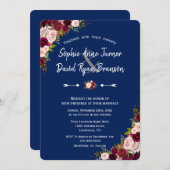 Burgundy Marsala素朴フローラ手書き結婚の 招待状 (正面/裏面)