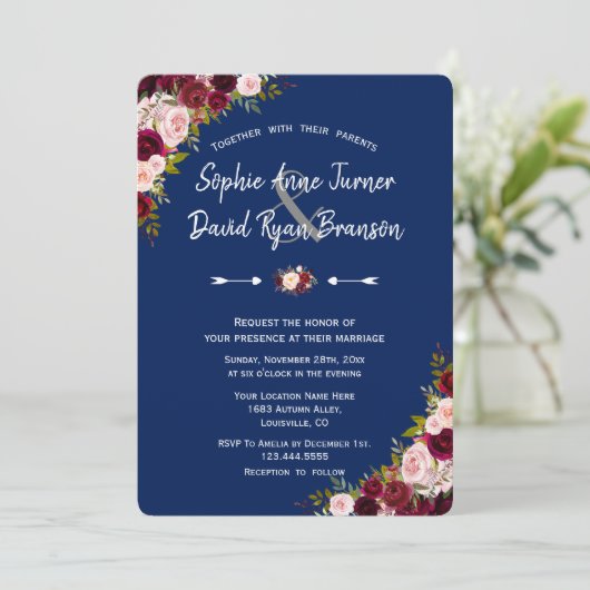 Burgundy Marsala素朴フローラ手書き結婚の 招待状 (スタンド正面)