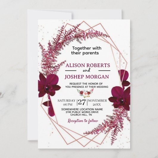 Burgundy  Marsala Boho Floral Wedding Invitation 招待状 (正面)