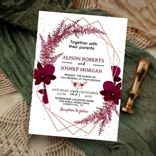 Burgundy  Marsala Boho Floral Wedding Invitation 招待状