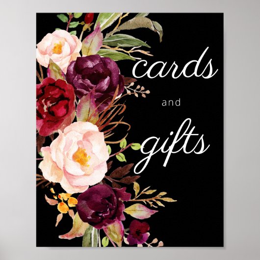 Burgundy Marsala Floral Cards & Gifts Sign Black ポスター (正面)