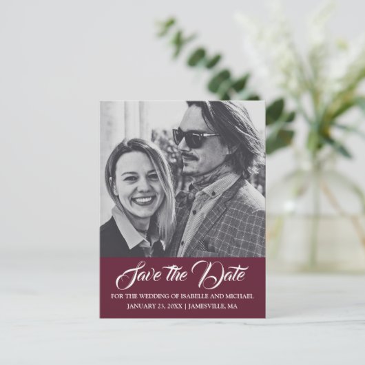 Burgundy Marsala Red Photo日付はがきを保存 案内ポストカード (スタンド正面)